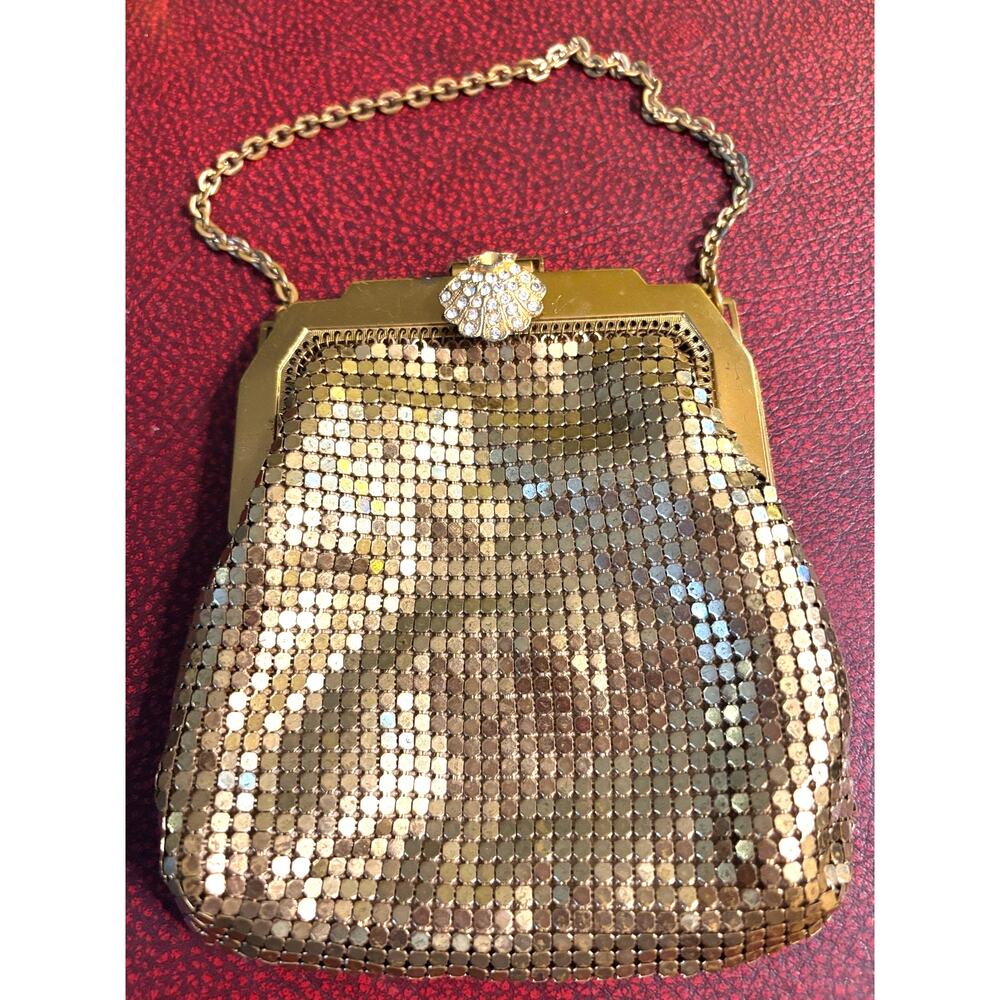 Antique WHITING & DAVIS 1930s Gold Mesh Purse With Ornate Rhinestone Clasp - Picture 6 of 13